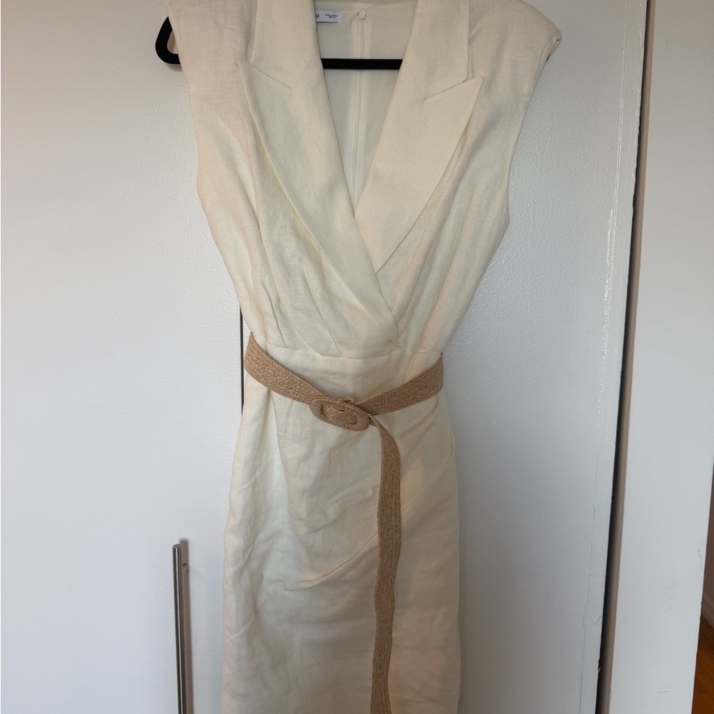 Mango Cream Sleeveless Wrap-Front Mini Dress with Woven Belt